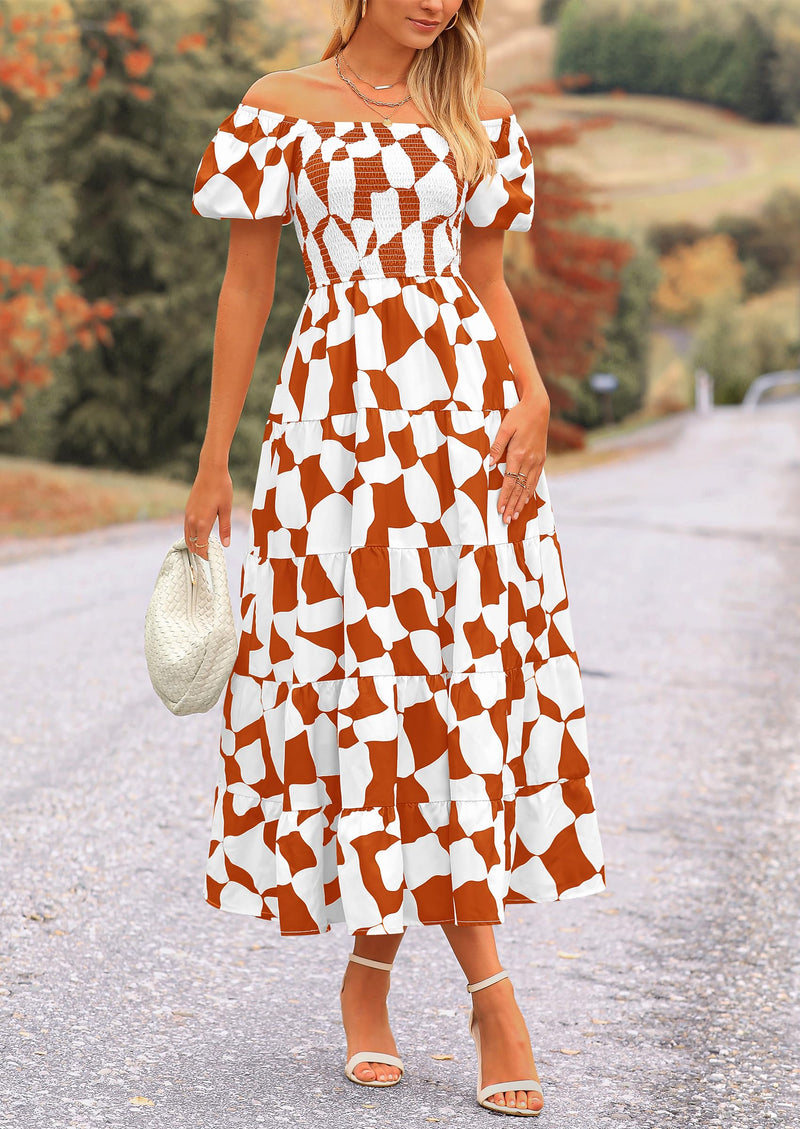 PRETTYGARDEN Women Summer Boho Off Shoulder Puff Sleeve Beach Midi Dresses