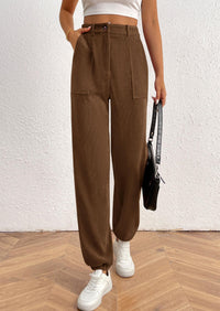 Elastic High Waisted Work Office Corduroy Casual Pants with Pockets