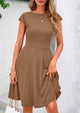 Crew neck Cap Sleeve Ribbed Knit Casual Flowy A Line Mini Dress with Pockets
