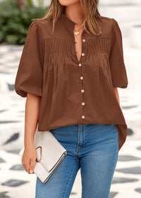 Lantern Sleeve Loose Fit Button Down Casual Pleated V Neck Blouses