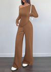 PRETTYGARDEN Casual Two Piece Sets for Women Fall Outfits Asymmetrical Off Shoulder Tops Wide Leg Pants Knit Lounge Set