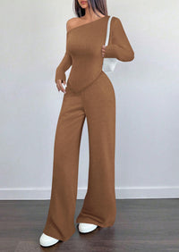 PRETTYGARDEN Casual Two Piece Sets for Women Fall Outfits Asymmetrical Off Shoulder Tops Wide Leg Pants Knit Lounge Set
