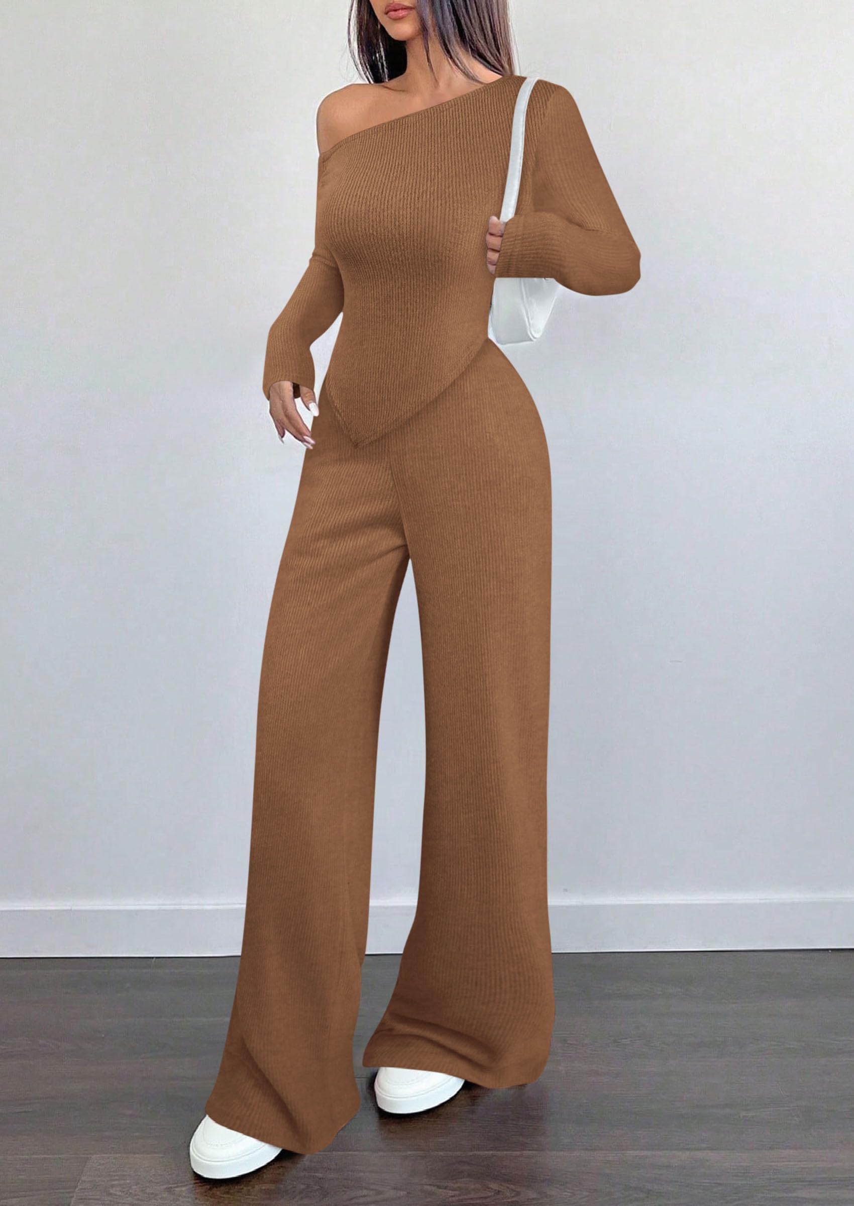 PRETTYGARDEN Casual Two Piece Sets for Women Fall Outfits Asymmetrical Off Shoulder Tops Wide Leg Pants Knit Lounge Set