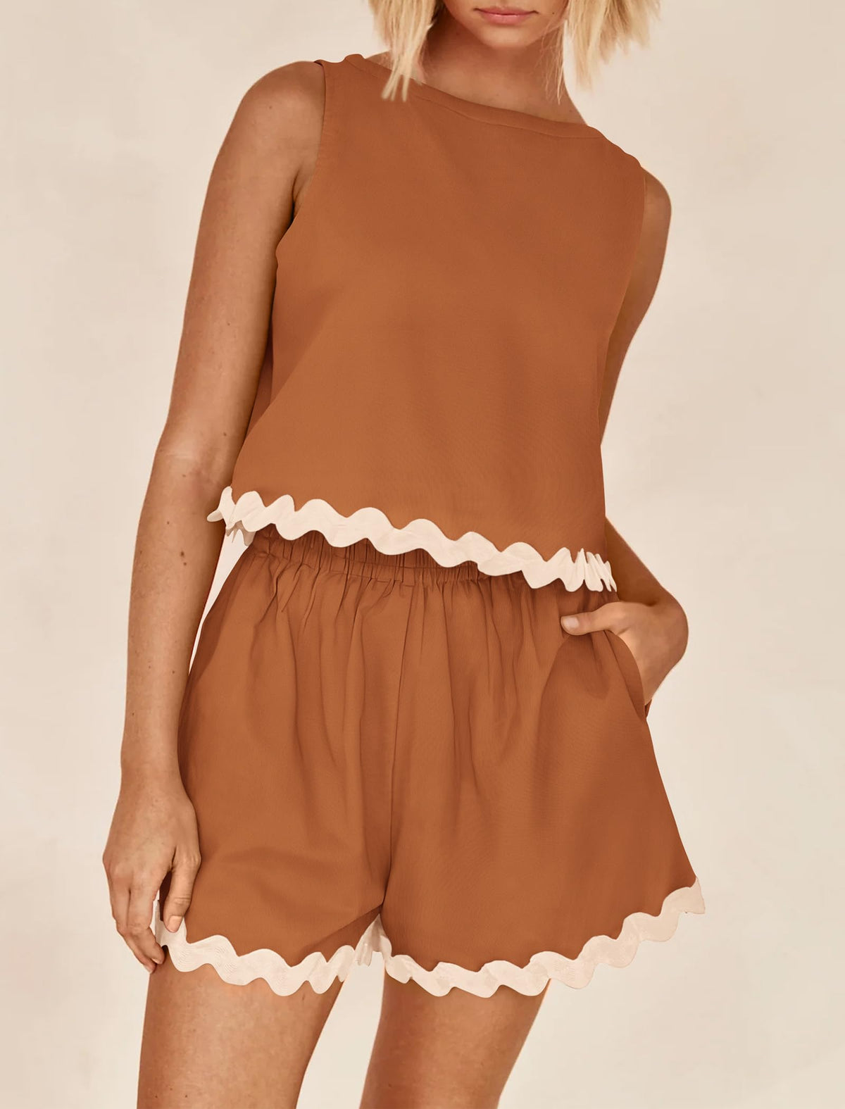 Beach Vacation Cropped Tank Top High Waist Shorts Two Piece Set
