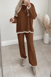 Knitted Casual Long Sleeve Pullover Wide Leg Pant 2 Piece Sets