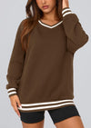 PRETTYGARDEN Women's Oversized Sweatshirts Casual Long Sleeve Stripes Knit V Neck Pullover Top Fall Teens Preppy Clothes