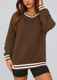 PRETTYGARDEN Women's Oversized Sweatshirts Casual Long Sleeve Stripes Knit V Neck Pullover Top Fall Teens Preppy Clothes