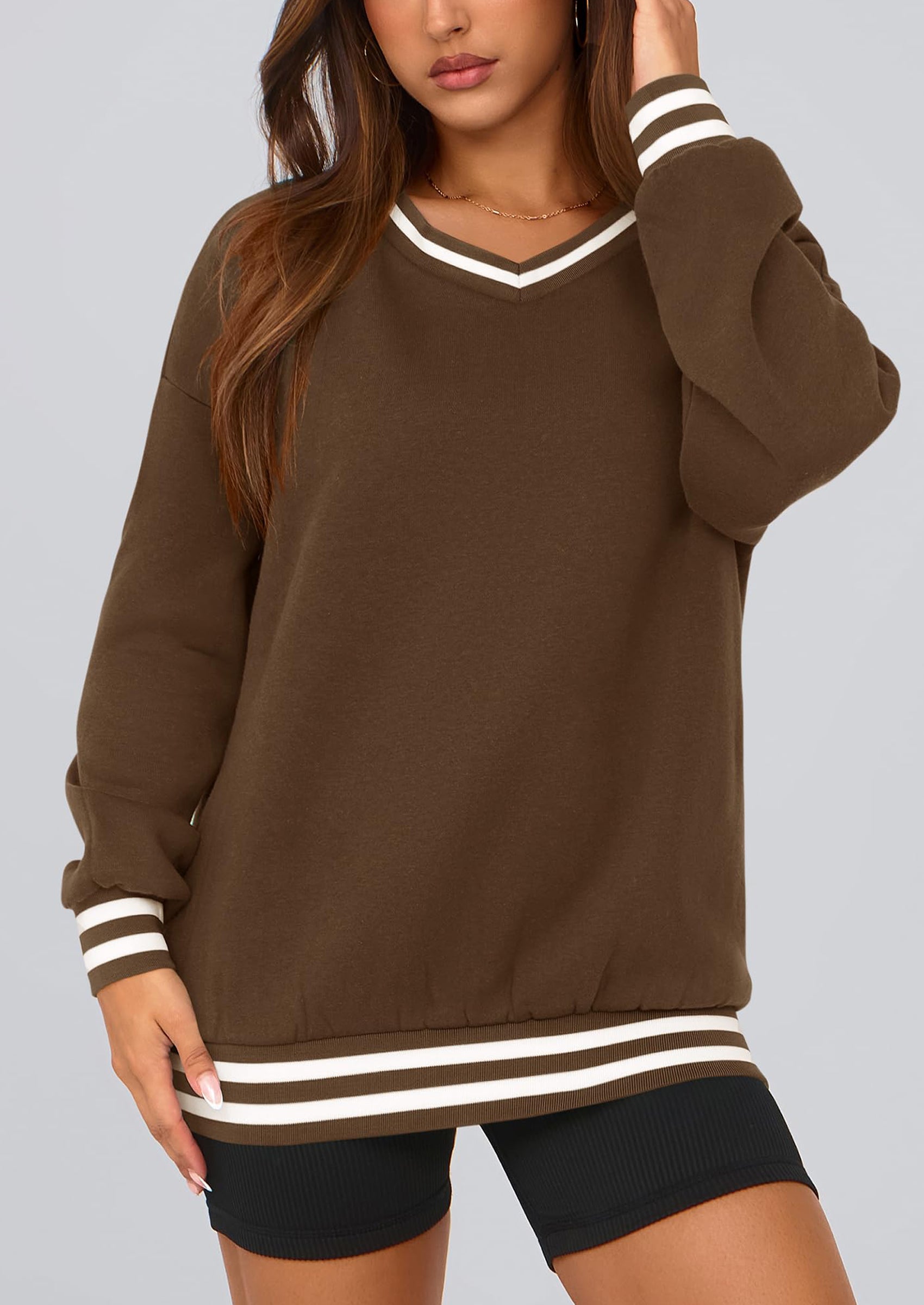 PRETTYGARDEN Women's Oversized Sweatshirts Casual Long Sleeve Stripes Knit V Neck Pullover Top Fall Teens Preppy Clothes