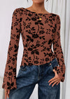 PRETTYGARDEN Women Long Sleeve Floral Mesh Tops Blouse  Fall Trendy Boat Neck Ruched Fitted Shirt Going Out Date Outfits