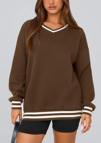 PRETTYGARDEN Women's Oversized Sweatshirts Casual Long Sleeve Stripes Knit V Neck Pullover Top Fall Teens Preppy Clothes