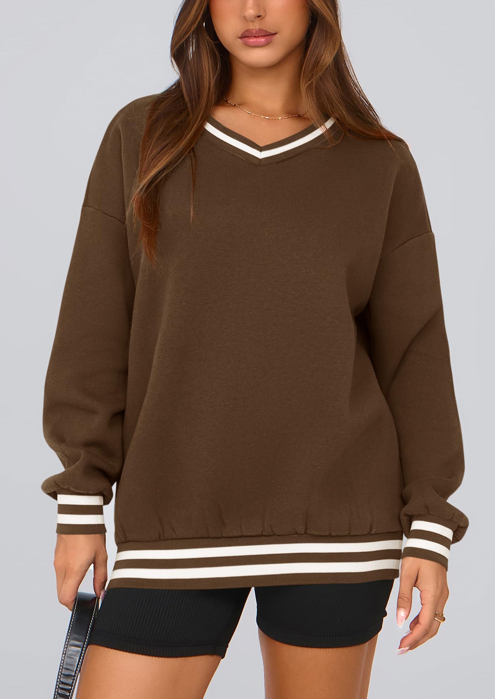 PRETTYGARDEN Women's Oversized Sweatshirts Casual Long Sleeve Stripes Knit V Neck Pullover Top Fall Teens Preppy Clothes