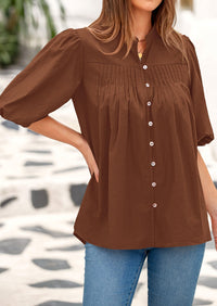 Lantern Sleeve Loose Fit Button Down Casual Pleated V Neck Blouses