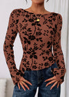 PRETTYGARDEN Women Long Sleeve Floral Mesh Tops Blouse  Fall Trendy Boat Neck Ruched Fitted Shirt Going Out Date Outfits