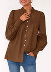 PRETTYGARDEN Womens Fall Lantern Long Sleeve Shirts Trendy Button V Neck Pleated Henley Tops Loose Work Blouses