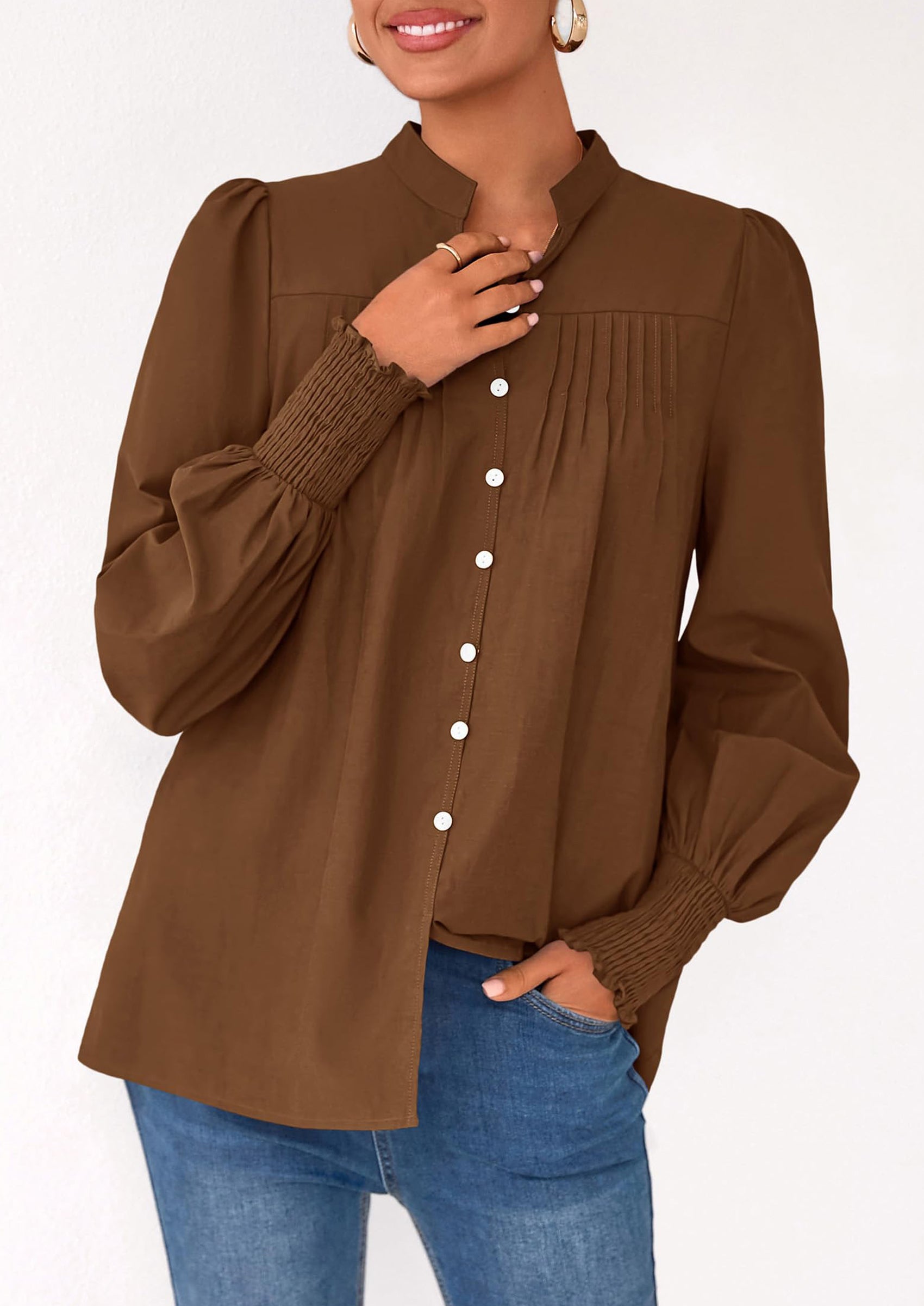 PRETTYGARDEN Womens Fall Lantern Long Sleeve Shirts Trendy Button V Neck Pleated Henley Tops Loose Work Blouses