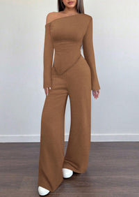 PRETTYGARDEN Casual Two Piece Sets for Women Fall Outfits Asymmetrical Off Shoulder Tops Wide Leg Pants Knit Lounge Set