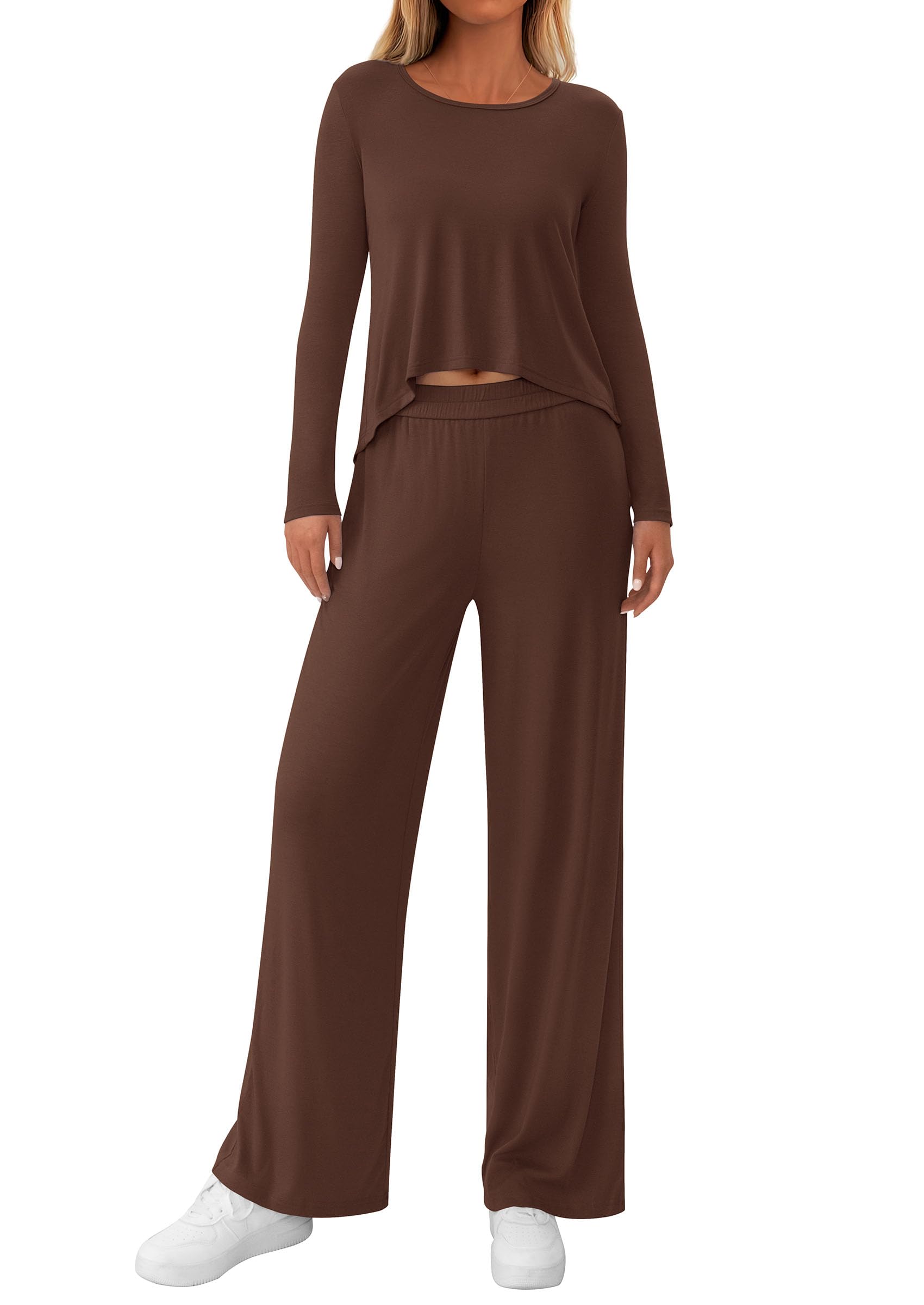 PRETTYGARDEN Women's 2 Piece Fall Sets  Casual Long Sleeve Shirts Wide Leg Pants Lounge Travel Outfits Fashion Clothing