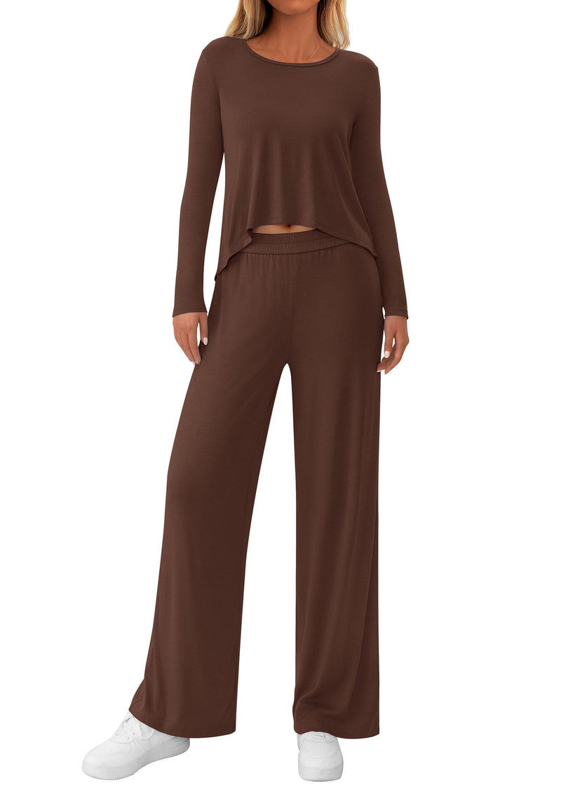 PRETTYGARDEN Women's 2 Piece Fall Sets  Casual Long Sleeve Shirts Wide Leg Pants Lounge Travel Outfits Fashion Clothing