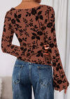 PRETTYGARDEN Women Long Sleeve Floral Mesh Tops Blouse  Fall Trendy Boat Neck Ruched Fitted Shirt Going Out Date Outfits