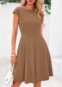 Crew neck Cap Sleeve Ribbed Knit Casual Flowy A Line Mini Dress with Pockets