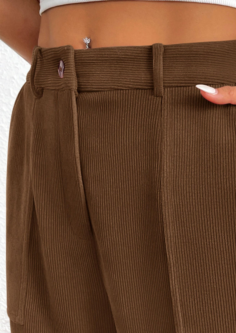 Elastic High Waisted Work Office Corduroy Casual Pants with Pockets