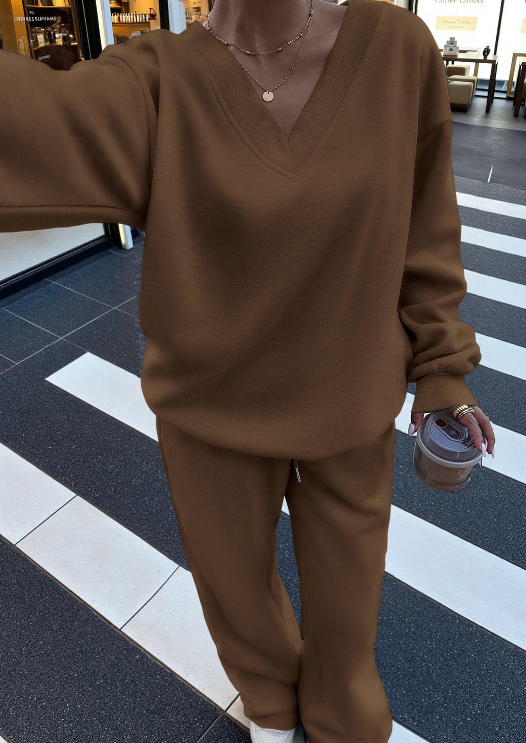 PRETTYGARDEN Casual Winter Two Piece Sets for Women V Neck Sweatshirt Loose Wide Leg Pants Tracksuit Knit Fall Outfits