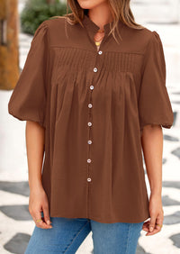 Lantern Sleeve Loose Fit Button Down Casual Pleated V Neck Blouses