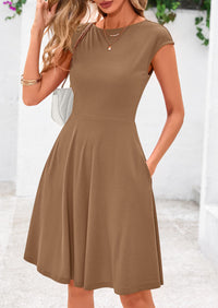 Crew neck Cap Sleeve Ribbed Knit Casual Flowy A Line Mini Dress with Pockets