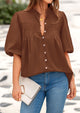 Lantern Sleeve Loose Fit Button Down Casual Pleated V Neck Blouses