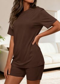 PRETTYGARDEN Women's Two Piece Matching Lounge Sets Summer Casual Tops Short Sleeve Shirts Shorts Travel Airport Outfits PRETTYGARDEN