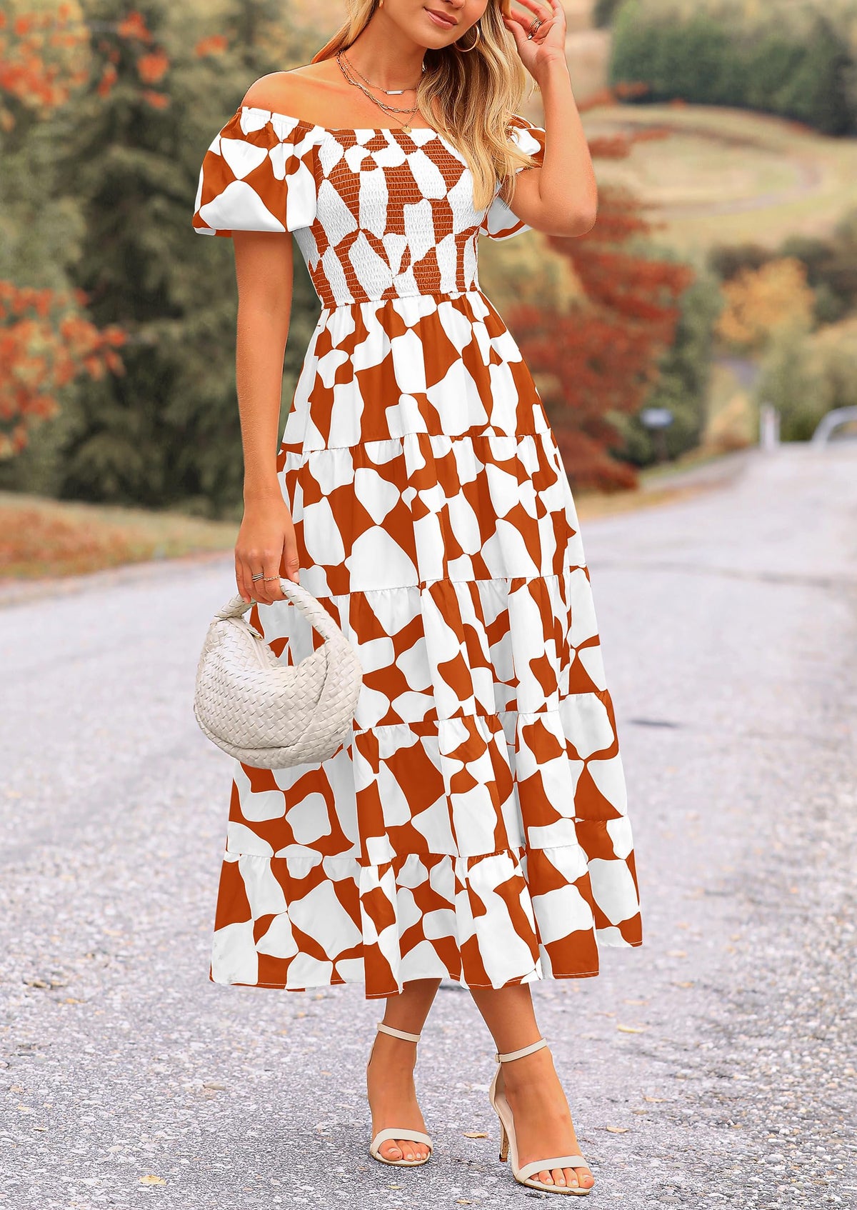 Off Shoulder Puff Sleeve Print Smocked Ruffle Beach Flowy Boho Midi Dress