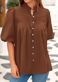 Lantern Sleeve Loose Fit Button Down Casual Pleated V Neck Blouses