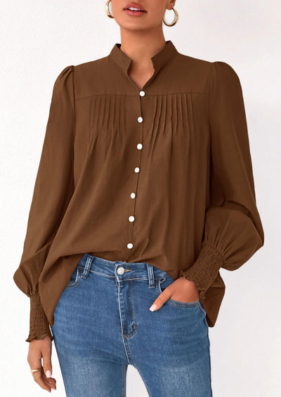 PRETTYGARDEN Womens Fall Lantern Long Sleeve Shirts Trendy Button V Neck Pleated Henley Tops Loose Work Blouses