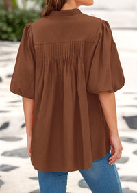 Lantern Sleeve Loose Fit Button Down Casual Pleated V Neck Blouses