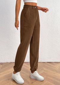 Elastic High Waisted Work Office Corduroy Casual Pants with Pockets