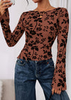PRETTYGARDEN Women Long Sleeve Floral Mesh Tops Blouse  Fall Trendy Boat Neck Ruched Fitted Shirt Going Out Date Outfits