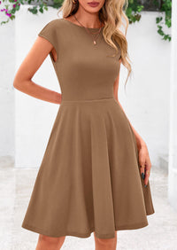 Crew neck Cap Sleeve Ribbed Knit Casual Flowy A Line Mini Dress with Pockets