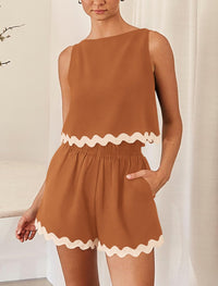 Beach Vacation Cropped Tank Top High Waist Shorts Two Piece Set