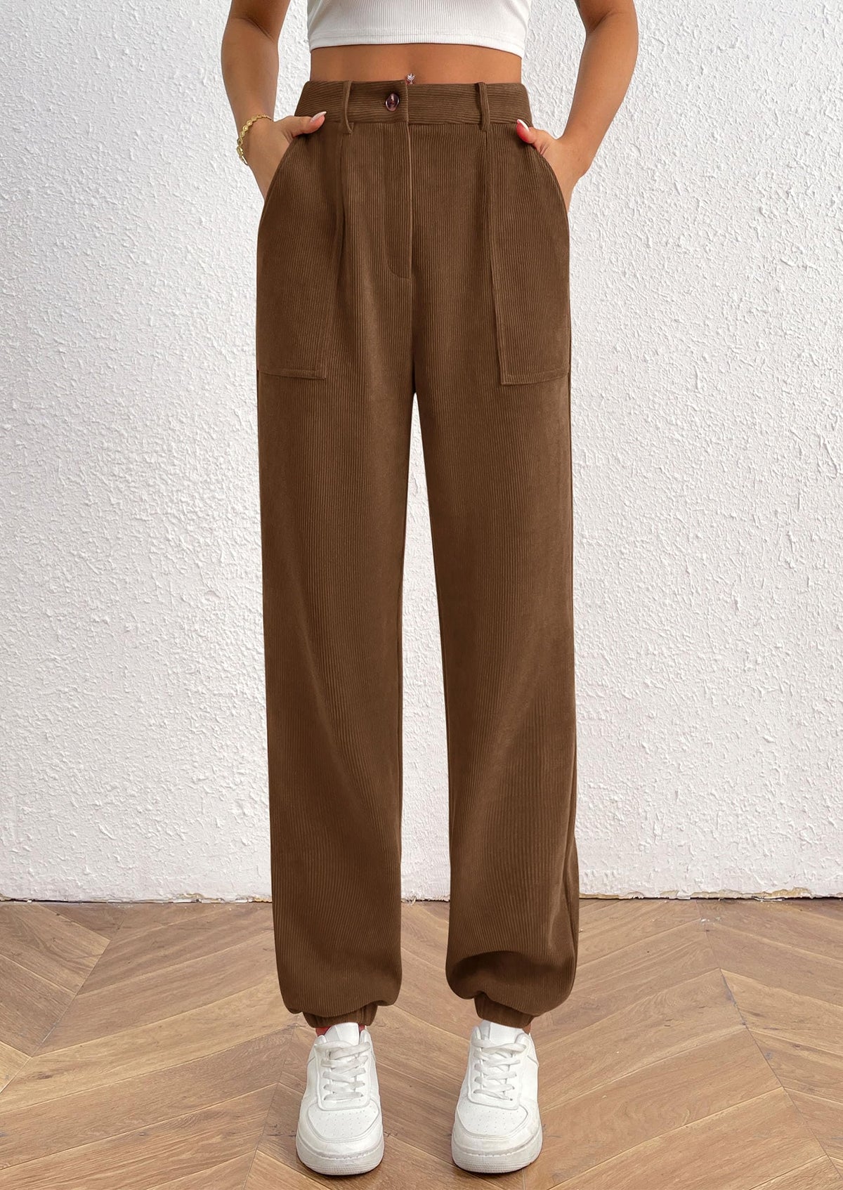 Elastic High Waisted Work Office Corduroy Casual Pants with Pockets