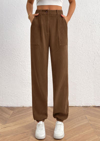 Elastic High Waisted Work Office Corduroy Casual Pants with Pockets