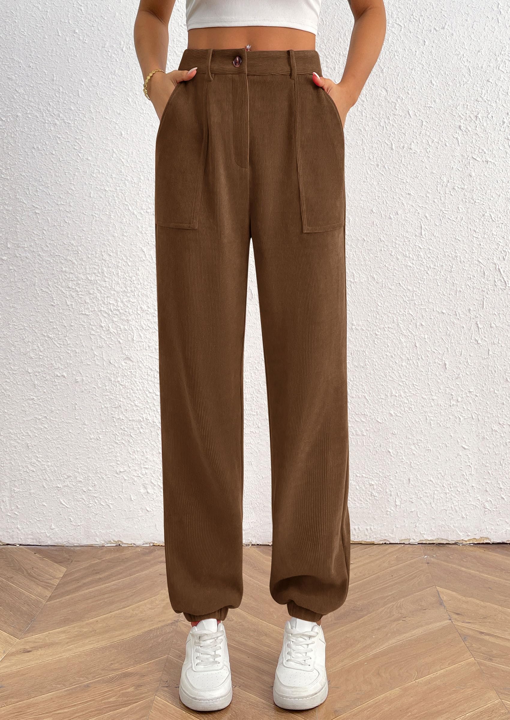 Elastic High Waisted Work Office Corduroy Casual Pants with Pockets