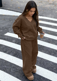 PRETTYGARDEN Casual Winter Two Piece Sets for Women V Neck Sweatshirt Loose Wide Leg Pants Tracksuit Knit Fall Outfits PRETTYGARDEN