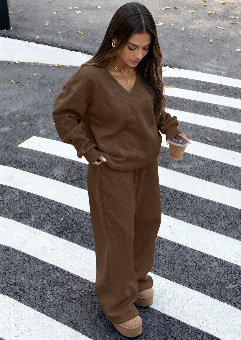 PRETTYGARDEN Casual Winter Two Piece Sets for Women V Neck Sweatshirt Loose Wide Leg Pants Tracksuit Knit Fall Outfits PRETTYGARDEN