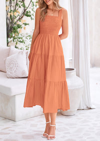 Smocked Ruffle A Line Long Flowy Sleeveless Beach Midi Dress