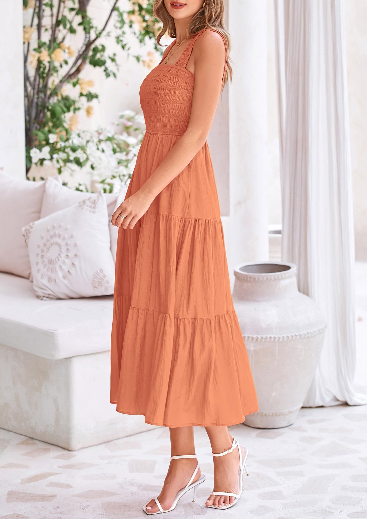 Smocked Ruffle A Line Long Flowy Sleeveless Beach Midi Dress