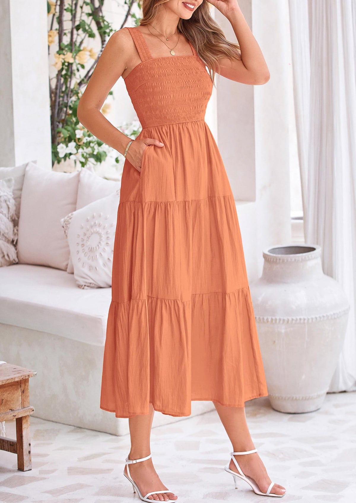 Smocked Ruffle A Line Long Flowy Sleeveless Beach Midi Dress