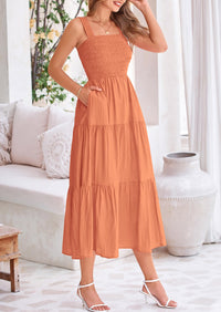 Smocked Ruffle A Line Long Flowy Sleeveless Beach Midi Dress