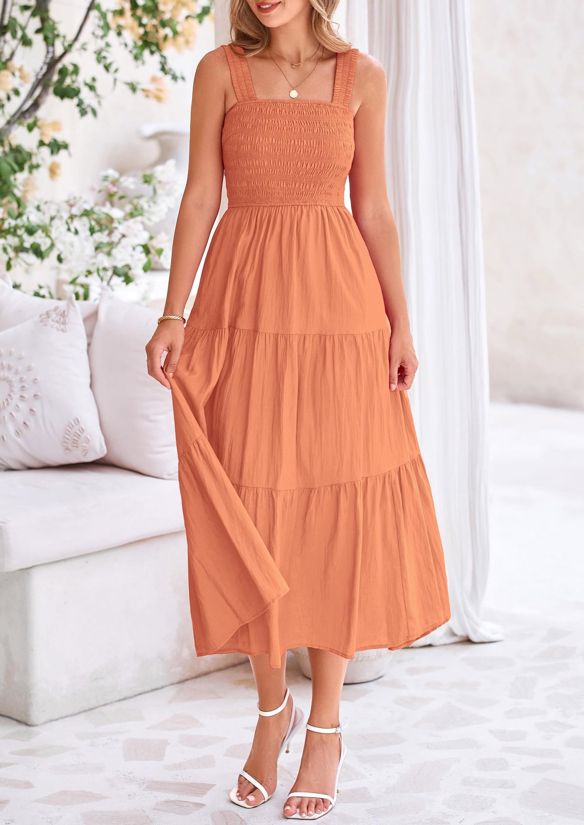 Smocked Ruffle A Line Long Flowy Sleeveless Beach Midi Dress