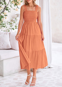 Smocked Ruffle A Line Long Flowy Sleeveless Beach Midi Dress