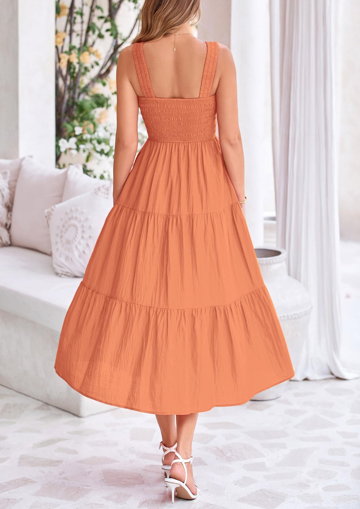Smocked Ruffle A Line Long Flowy Sleeveless Beach Midi Dress